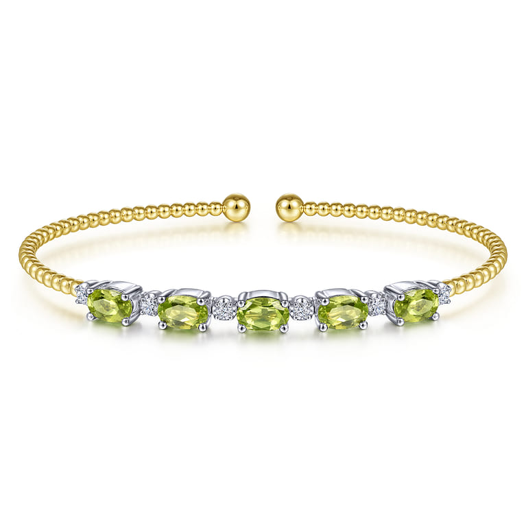 14K White-Yellow Gold Bujukan Bead Cuff Bracelet with Peridot and Diamond Stations - 0.21 ct - Shot 1