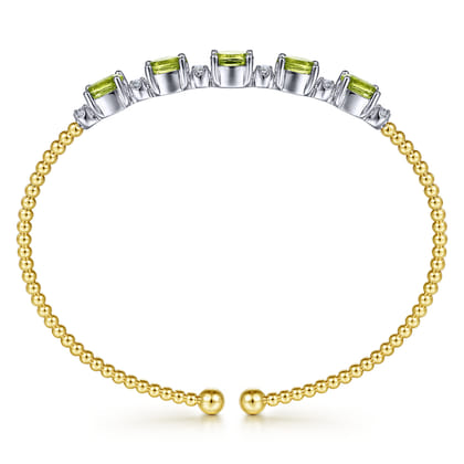 14K White-Yellow Gold Bujukan Bead Cuff Bracelet with Peridot and Diamond Stations