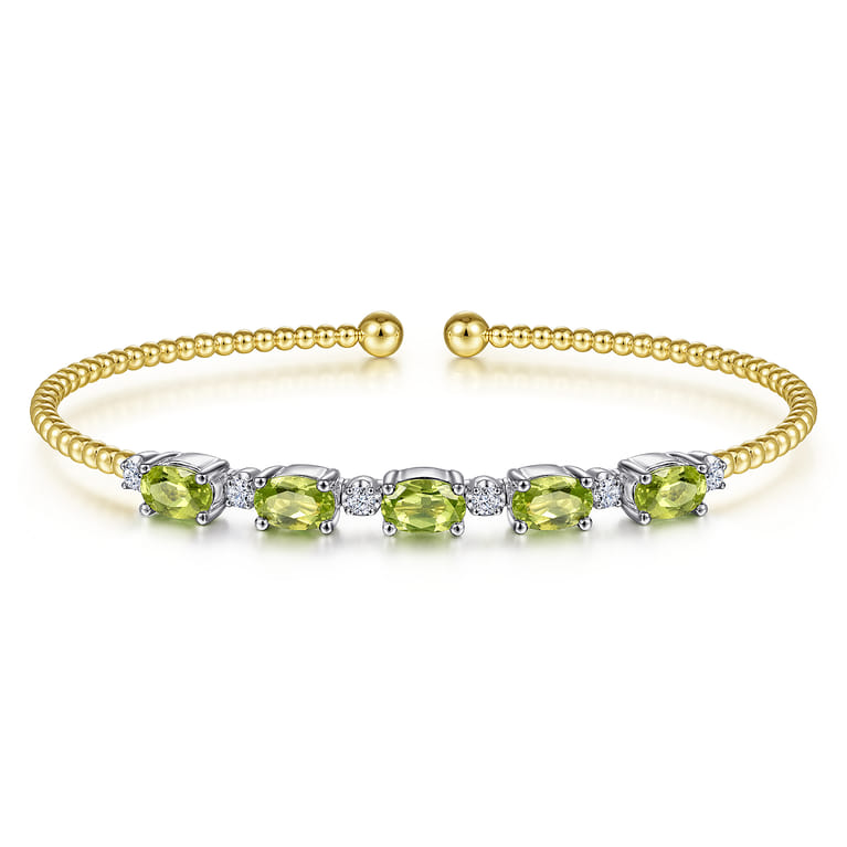 14K White-Yellow Gold Bujukan Bead Cuff Bracelet with Peridot and Diamond Stations - 0.21 ct - Shot 1
