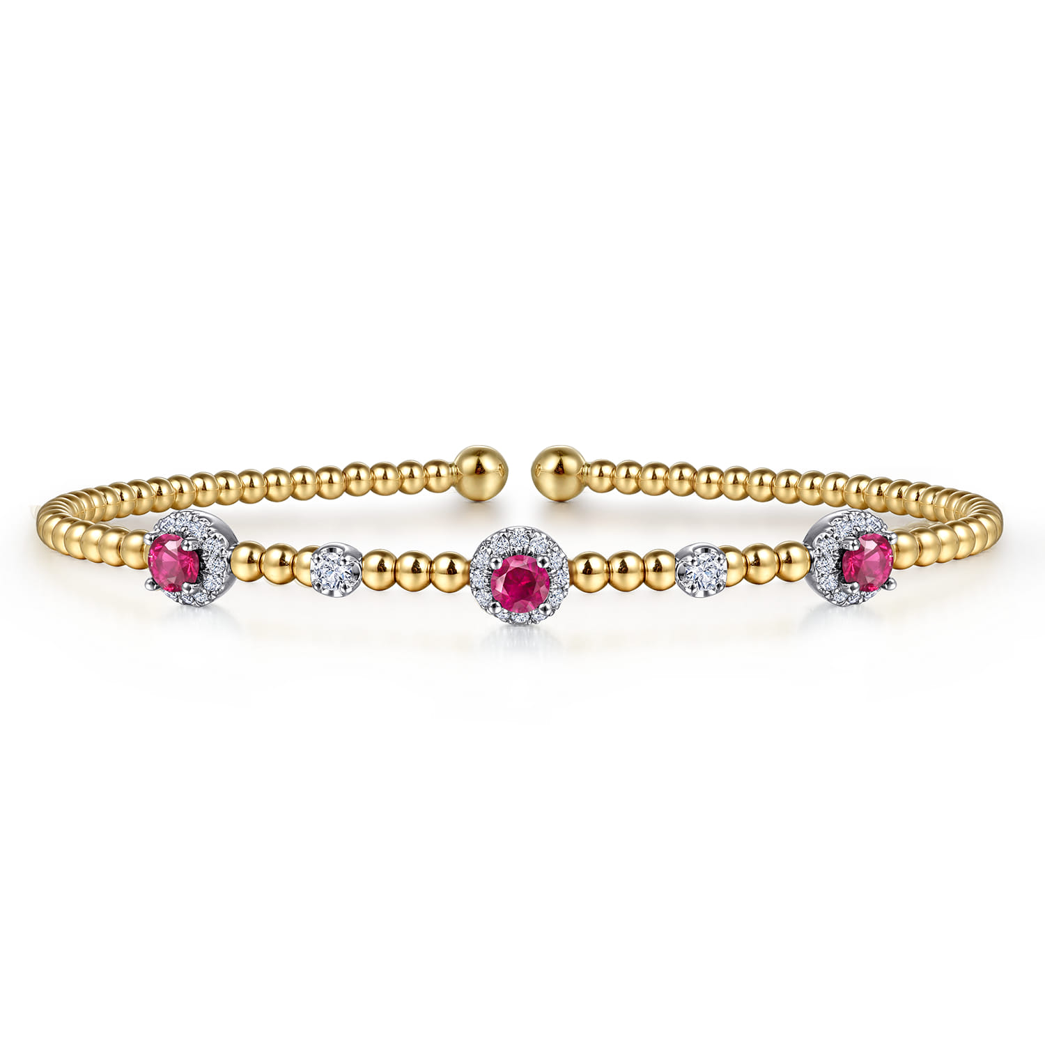 14K White-Yellow Gold Bujukan Bead Cuff Bracelet with Ruby and Diamond Halo Stations - 0.2 ct - Shot 1