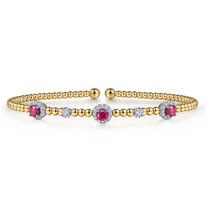 14K White-Yellow Gold Bujukan Bead Cuff Bracelet with Ruby and Diamond Halo Stations