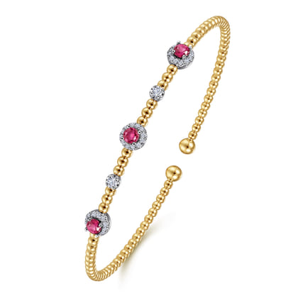 14K White-Yellow Gold Bujukan Bead Cuff Bracelet with Ruby and Diamond Halo Stations
