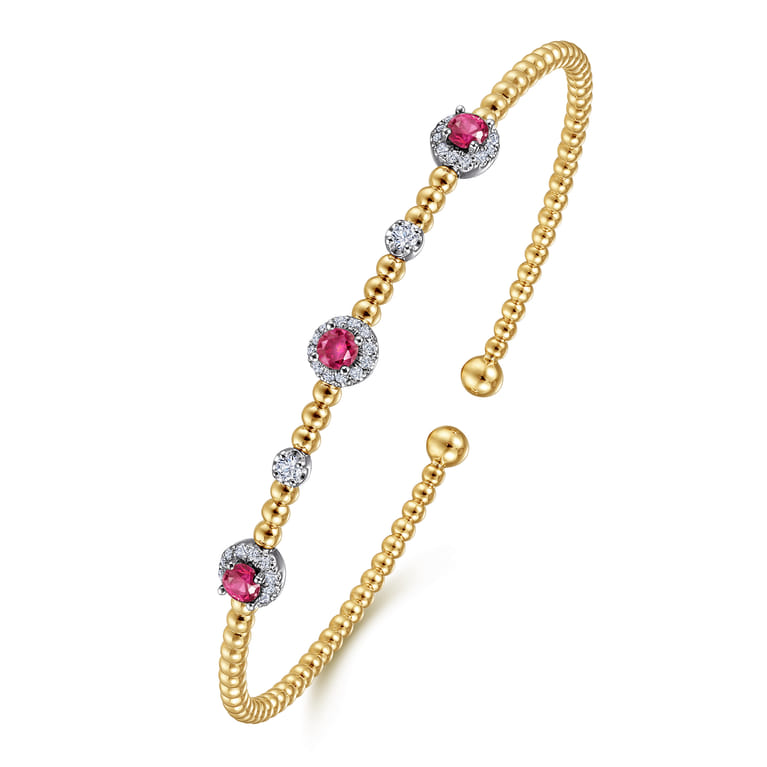 14K White-Yellow Gold Bujukan Bead Cuff Bracelet with Ruby and Diamond Halo Stations - 0.2 ct - Shot 2
