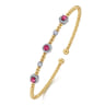 14K White-Yellow Gold Bujukan Bead Cuff Bracelet with Ruby and Diamond Halo Stations - 0.2 ct