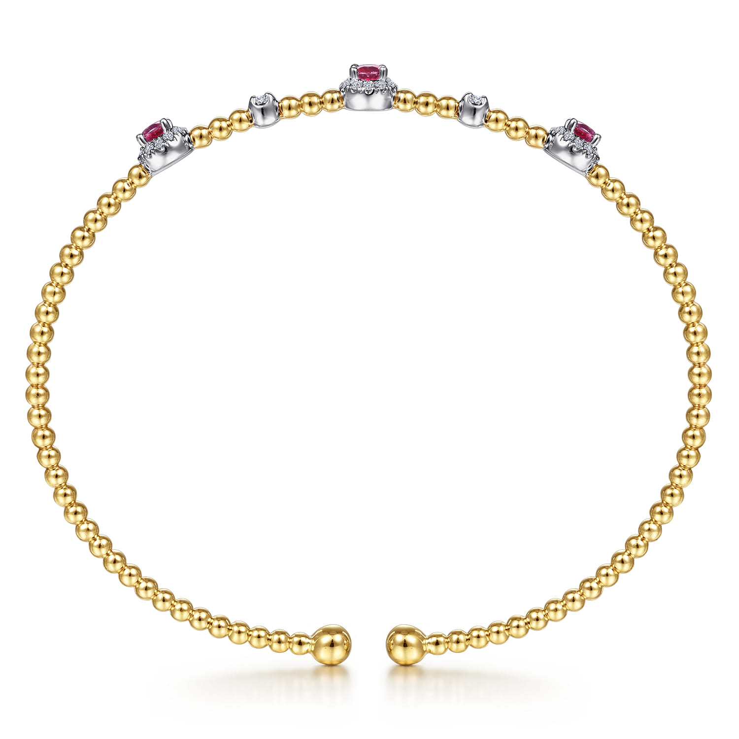 14K White-Yellow Gold Bujukan Bead Cuff Bracelet with Ruby and Diamond Halo Stations - 0.2 ct - Shot 3