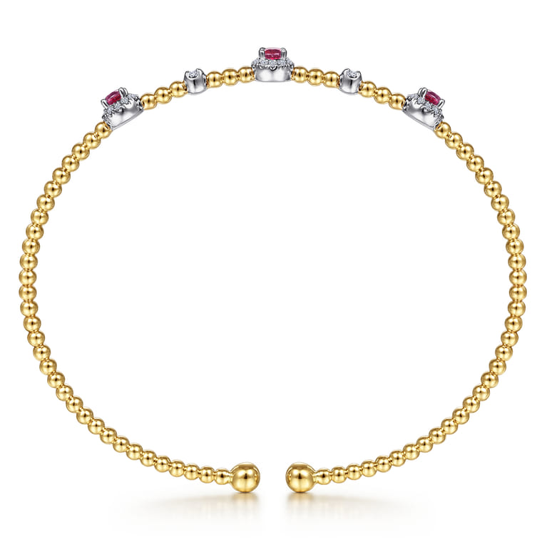 14K White-Yellow Gold Bujukan Bead Cuff Bracelet with Ruby and Diamond Halo Stations - 0.2 ct - Shot 3