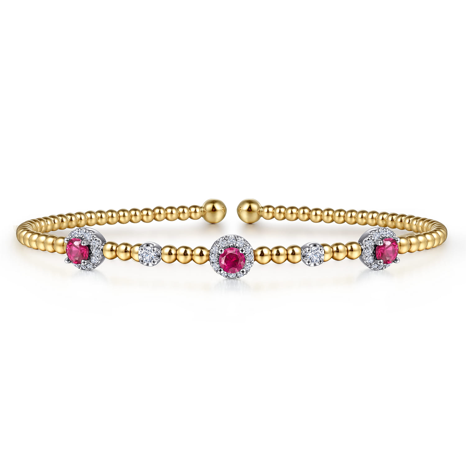 14K White-Yellow Gold Bujukan Bead Cuff Bracelet with Ruby and Diamond Halo Stations - 0.2 ct - Shot 1