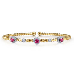 14K White-Yellow Gold Bujukan Bead Cuff Bracelet with Ruby and Diamond Halo Stations