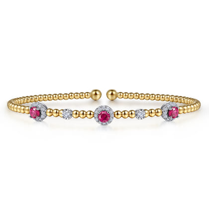 14K White-Yellow Gold Bujukan Bead Cuff Bracelet with Ruby and Diamond Halo Stations