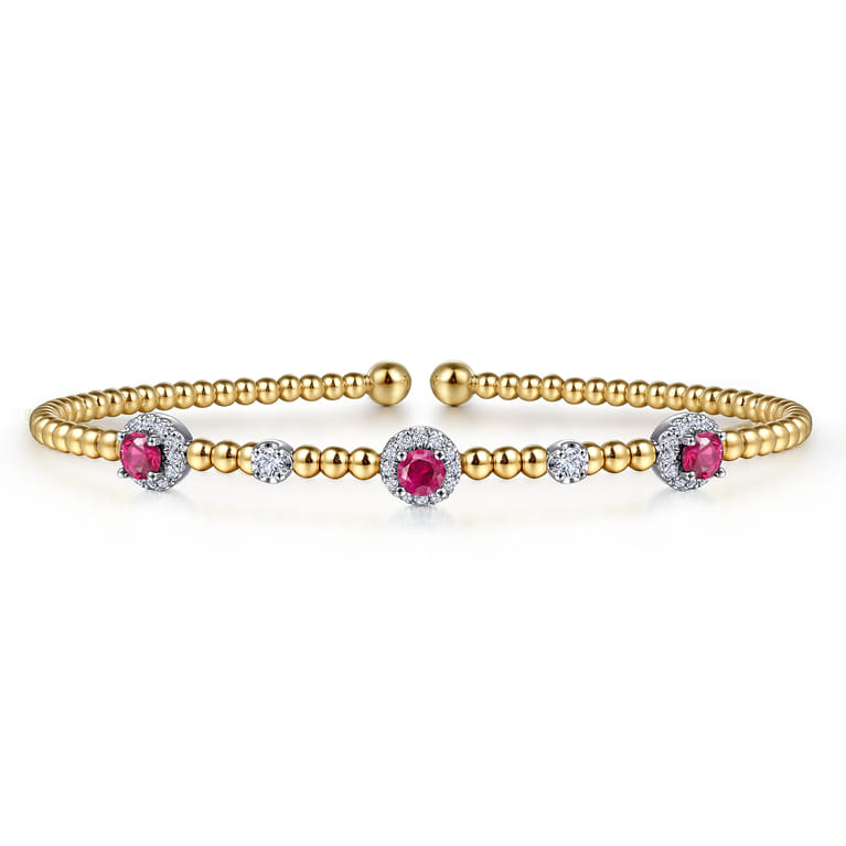 14K White-Yellow Gold Bujukan Bead Cuff Bracelet with Ruby and Diamond Halo Stations - 0.2 ct - Shot 1