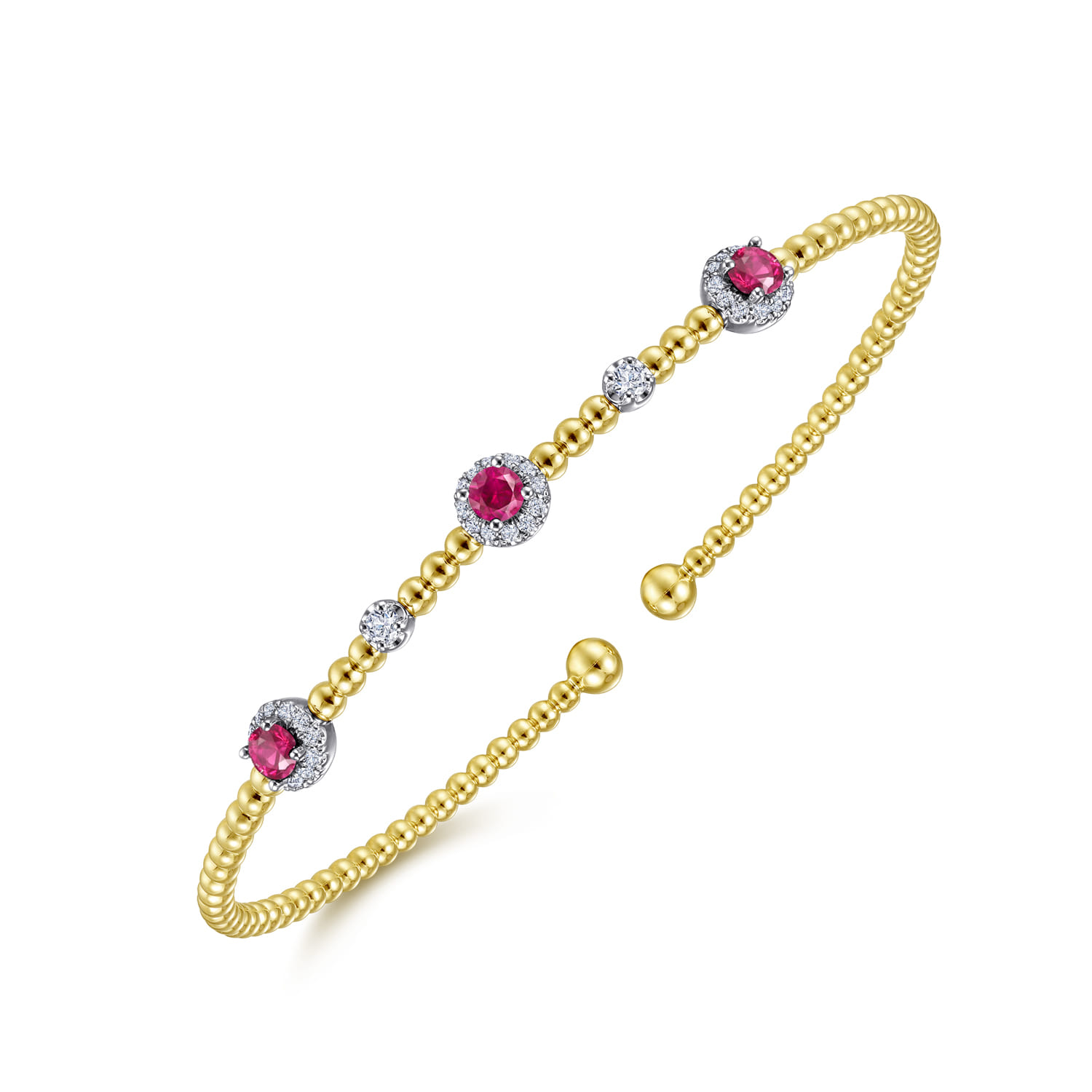14K White-Yellow Gold Bujukan Bead Cuff Bracelet with Ruby and Diamond Halo Stations - 0.2 ct - Shot 2