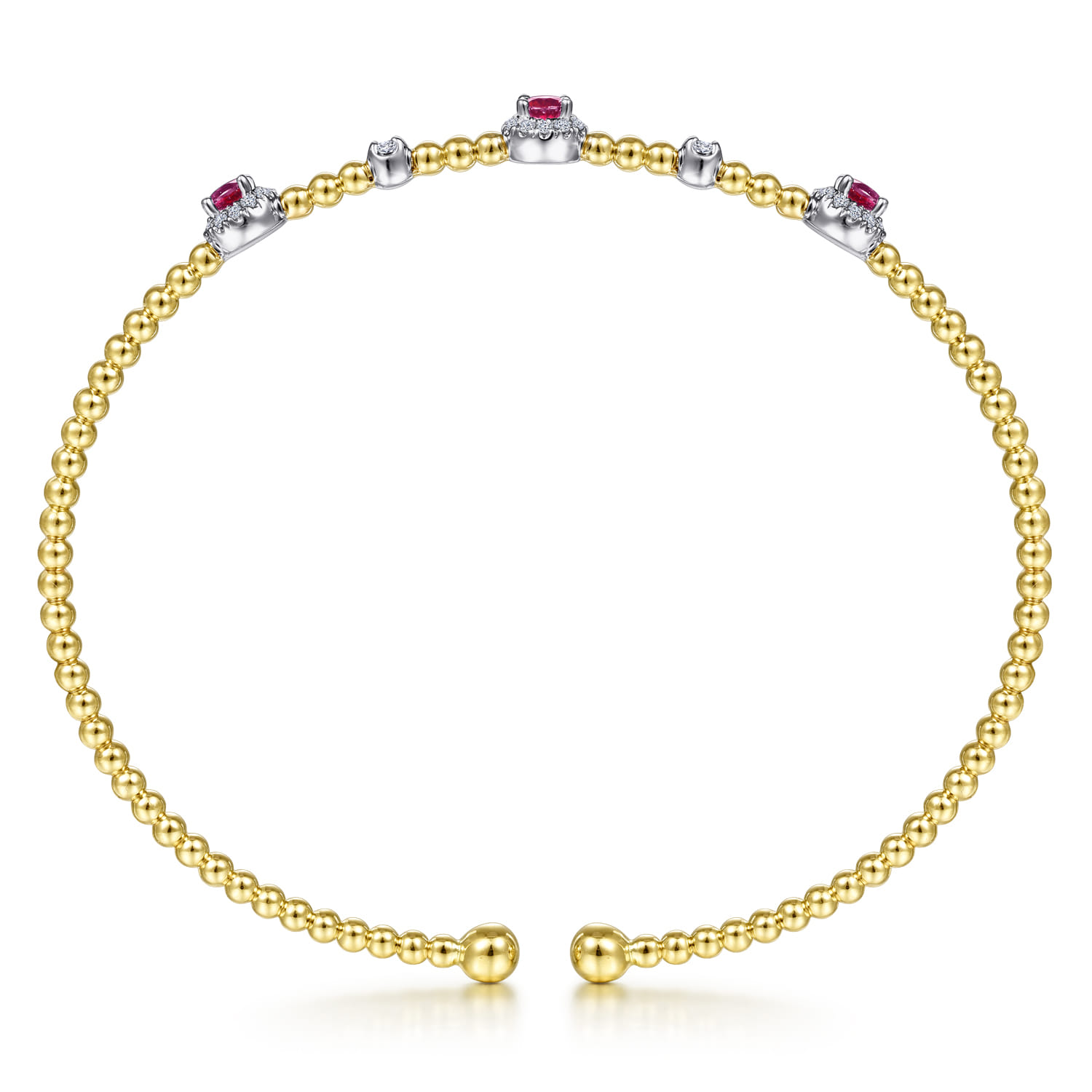 14K White-Yellow Gold Bujukan Bead Cuff Bracelet with Ruby and Diamond Halo Stations - 0.2 ct - Shot 3