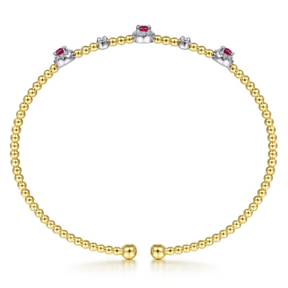 14K White-Yellow Gold Bujukan Bead Cuff Bracelet with Ruby and Diamond Halo Stations
