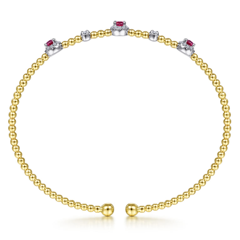 14K White-Yellow Gold Bujukan Bead Cuff Bracelet with Ruby and Diamond Halo Stations - 0.2 ct - Shot 3