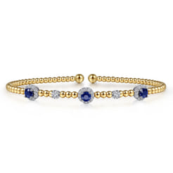 14K White-Yellow Gold Bujukan Bead Cuff Bracelet with Sapphire and Diamond Halo Stations