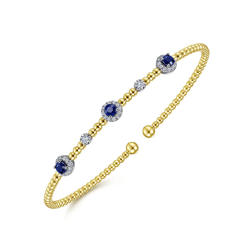 14K White-Yellow Gold Bujukan Bead Cuff Bracelet with Sapphire and Diamond Halo Stations - 0.2 ct - Shot 2