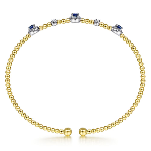 14K White-Yellow Gold Bujukan Bead Cuff Bracelet with Sapphire and Diamond Halo Stations - 0.2 ct - Shot 3