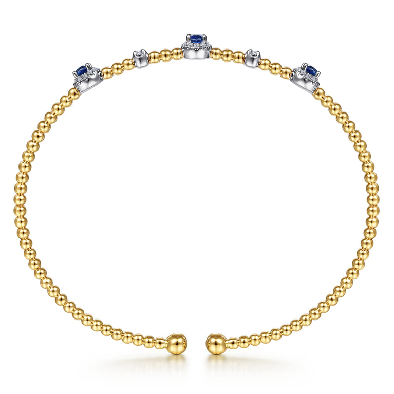 14K White-Yellow Gold Bujukan Bead Cuff Bracelet with Sapphire and Diamond Halo Stations - 0.2 ct - Shot 3