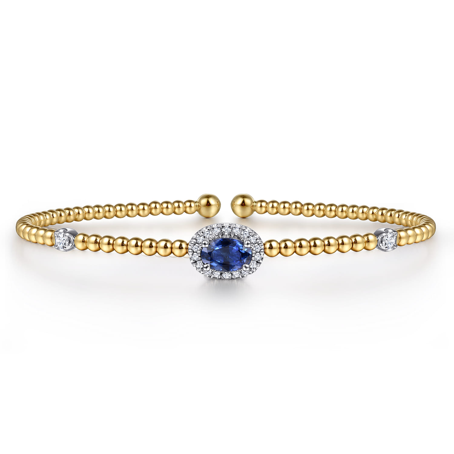 14K White-Yellow Gold Bujukan Bead Cuff Bracelet with Sapphire and Diamond Halo Station - 0.15 ct - Shot 1