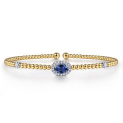 14K White-Yellow Gold Bujukan Bead Cuff Bracelet with Sapphire and Diamond Halo Station
