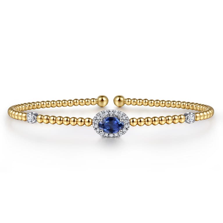 14K White-Yellow Gold Bujukan Bead Cuff Bracelet with Sapphire and Diamond Halo Station - 0.15 ct - Shot 1