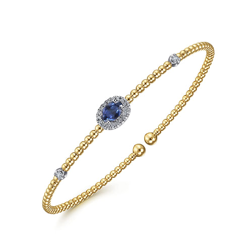 14K White-Yellow Gold Bujukan Bead Cuff Bracelet with Sapphire and Diamond Halo Station - 0.15 ct - Shot 2
