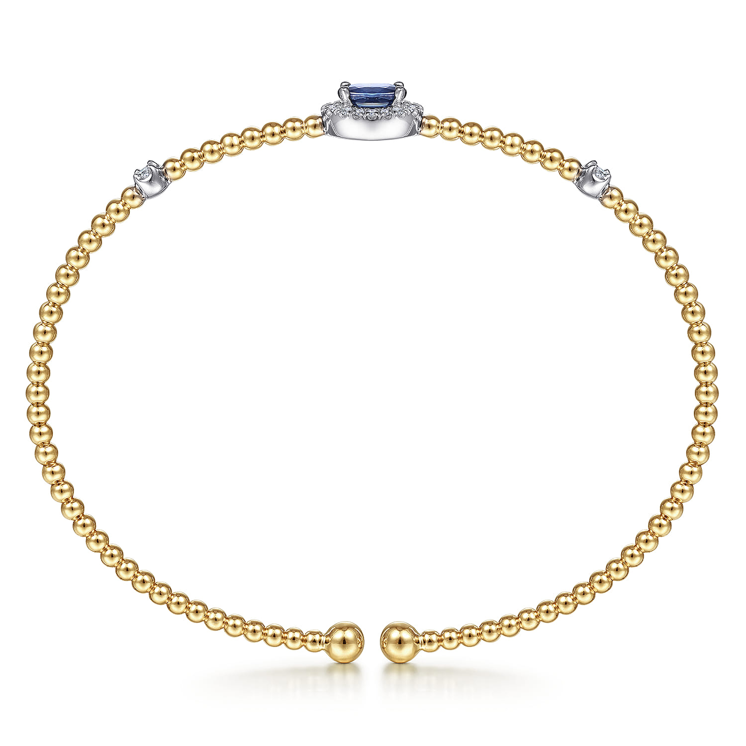 14K White-Yellow Gold Bujukan Bead Cuff Bracelet with Sapphire and Diamond Halo Station - 0.15 ct - Shot 3