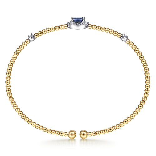 14K White-Yellow Gold Bujukan Bead Cuff Bracelet with Sapphire and Diamond Halo Station - 0.15 ct - Shot 3