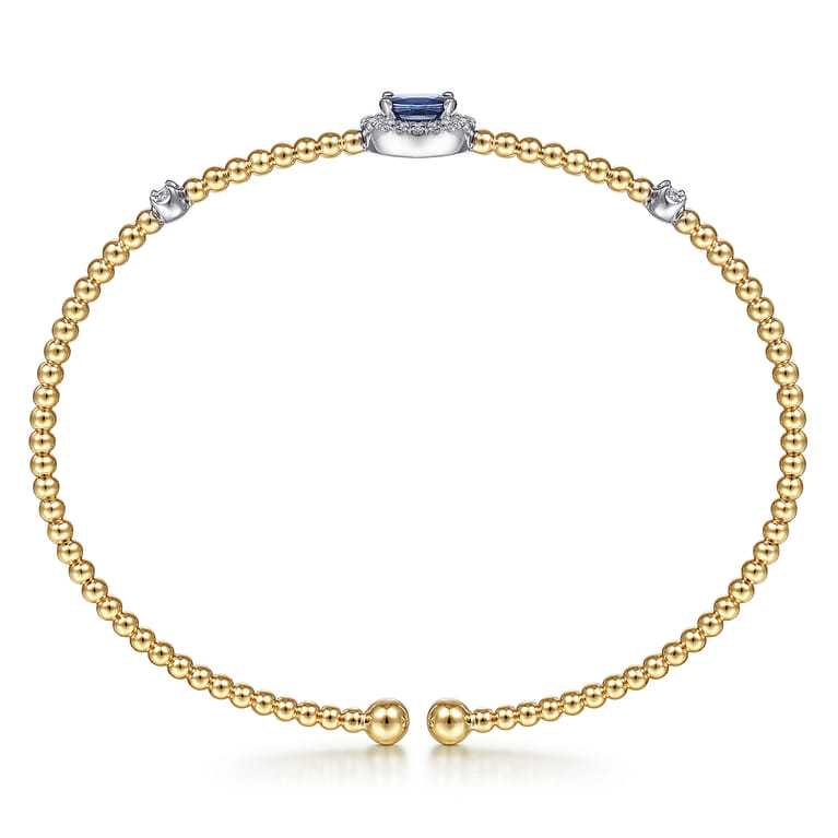 14K White-Yellow Gold Bujukan Bead Cuff Bracelet with Sapphire and Diamond Halo Station - 0.15 ct - Shot 3