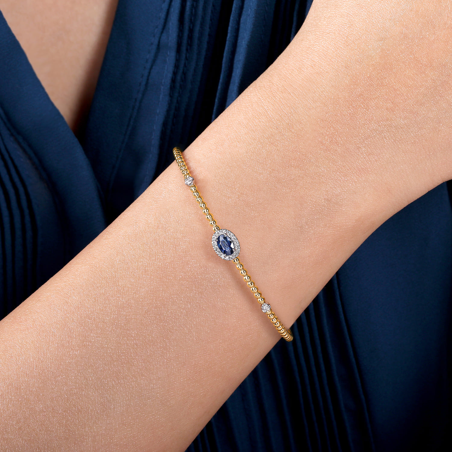 14K White-Yellow Gold Bujukan Bead Cuff Bracelet with Sapphire and Diamond Halo Station - 0.15 ct - Shot 4