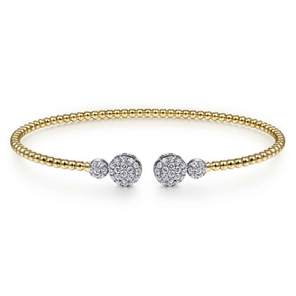 14K White Yellow Gold Bujukan Bead Split Cuff with Round Diamond Pav¿ª Caps
