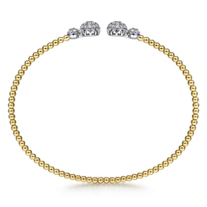 14K White Yellow Gold Bujukan Bead Split Cuff with Round Diamond Pav¿ª Caps