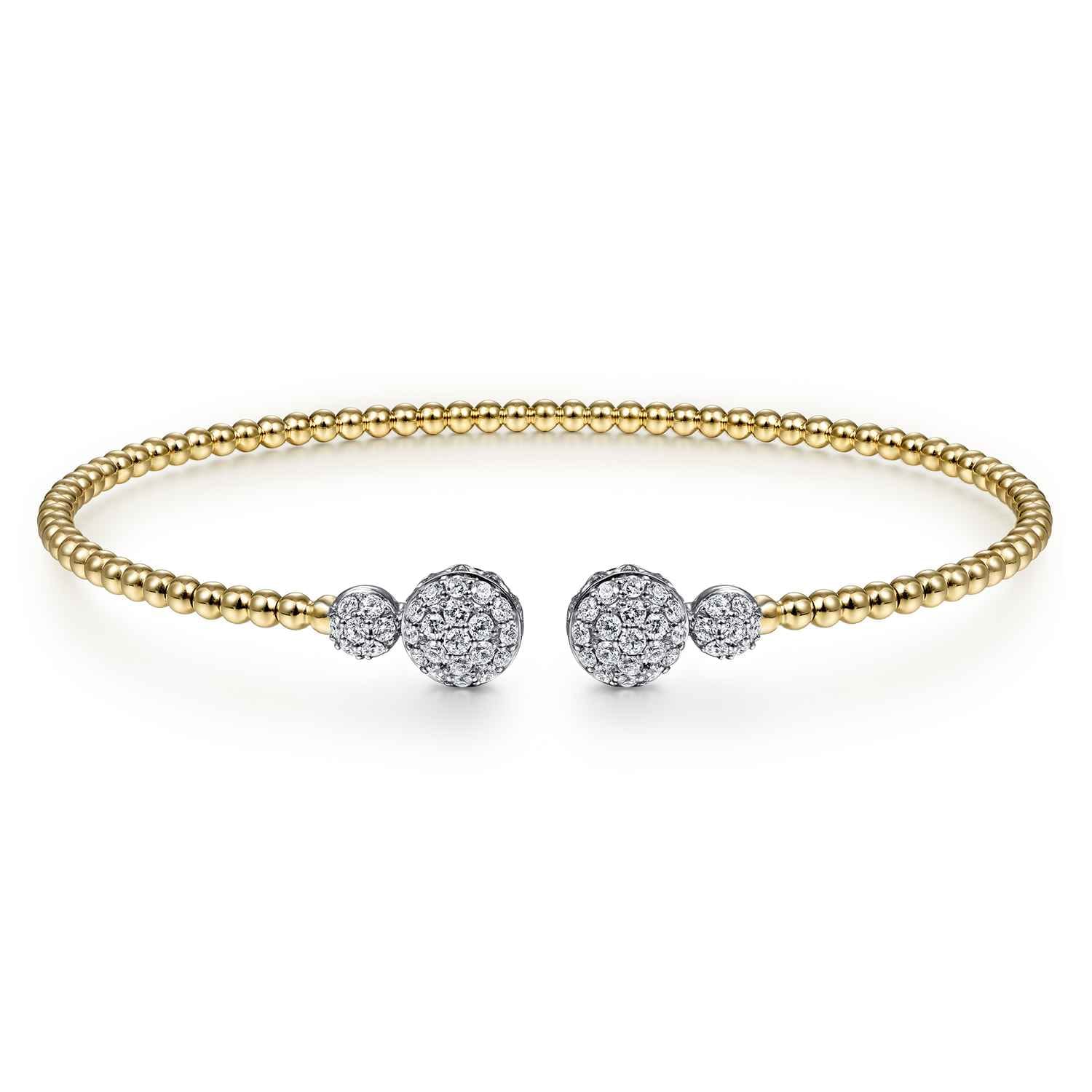 14K White Yellow Gold Bujukan Bead Split Cuff with Round Diamond Pave Caps - 0.46 ct - Shot 1