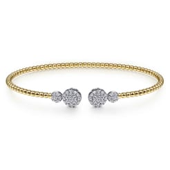 14K White Yellow Gold Bujukan Bead Split Cuff with Round Diamond Pave Caps