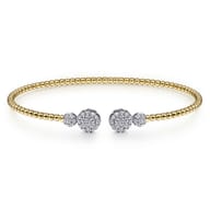 14K White Yellow Gold Bujukan Bead Split Cuff with Round Diamond Pave Caps