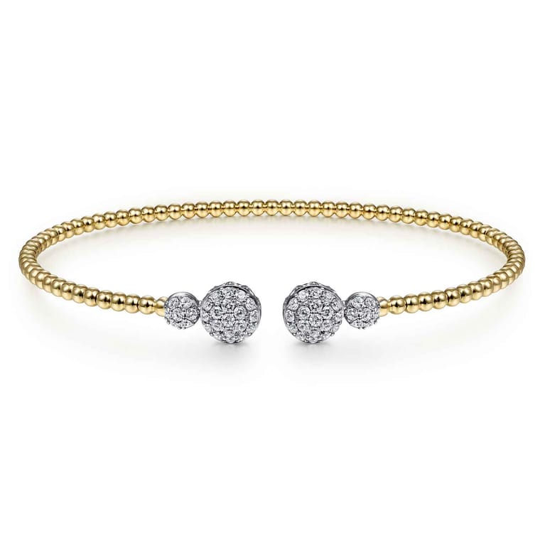 14K White Yellow Gold Bujukan Bead Split Cuff with Round Diamond Pave Caps - 0.46 ct - Shot 1