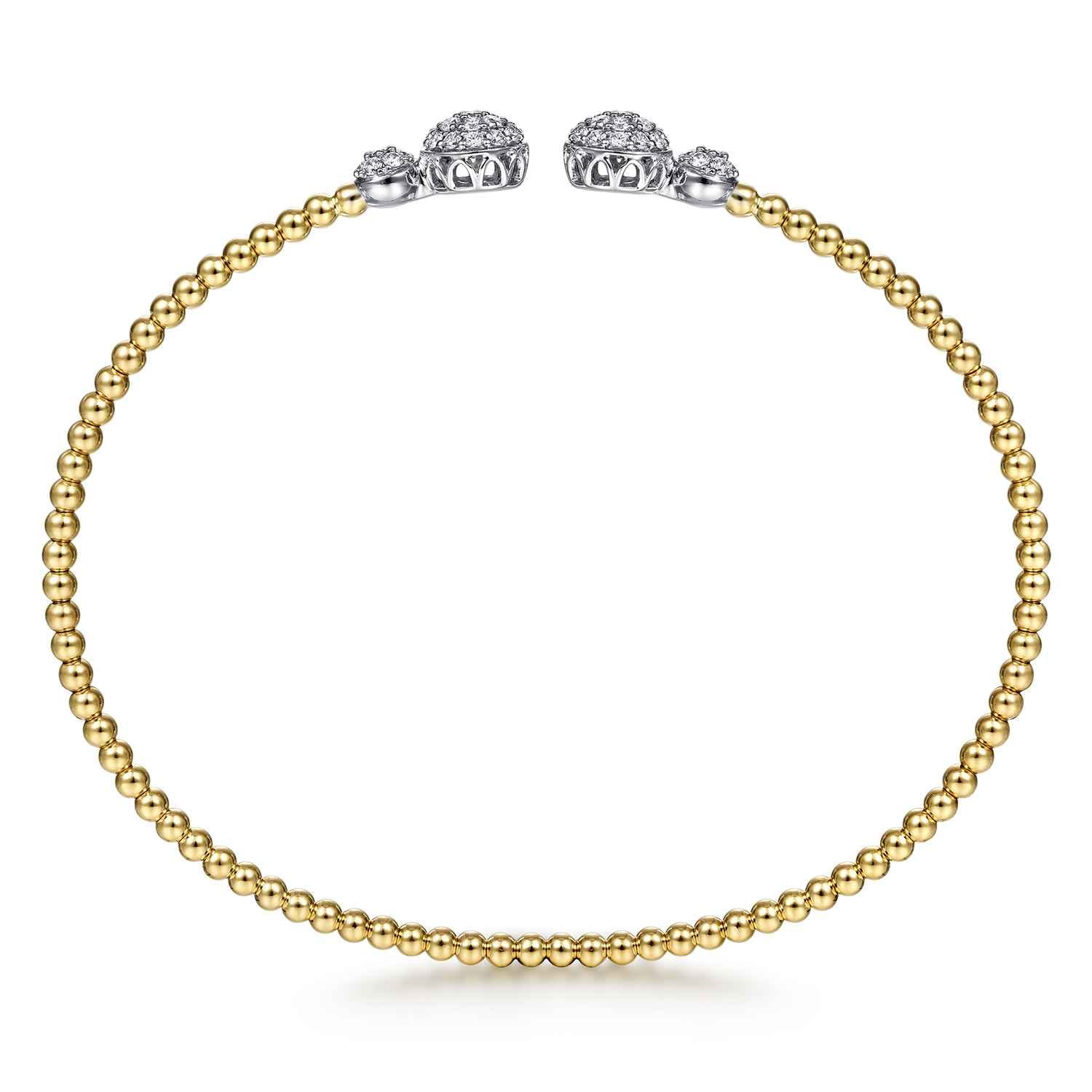 14K White Yellow Gold Bujukan Bead Split Cuff with Round Diamond Pave Caps - 0.46 ct - Shot 3