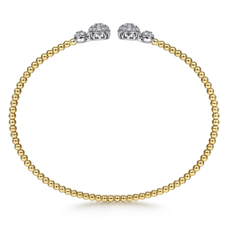 14K White Yellow Gold Bujukan Bead Split Cuff with Round Diamond Pave Caps - 0.46 ct - Shot 3