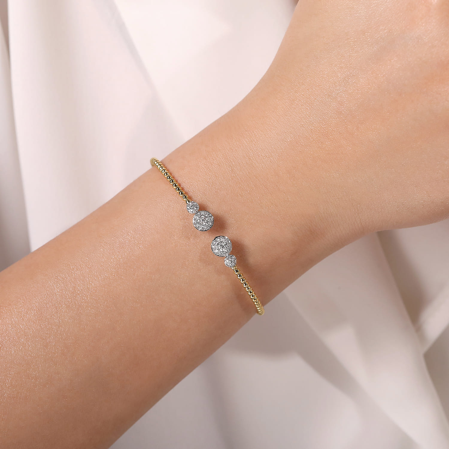 14K White Yellow Gold Bujukan Bead Split Cuff with Round Diamond Pave Caps - 0.46 ct - Shot 4