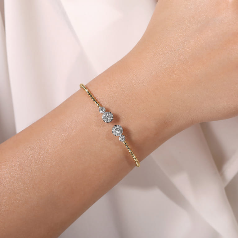 14K White Yellow Gold Bujukan Bead Split Cuff with Round Diamond Pave Caps - 0.46 ct - Shot 4