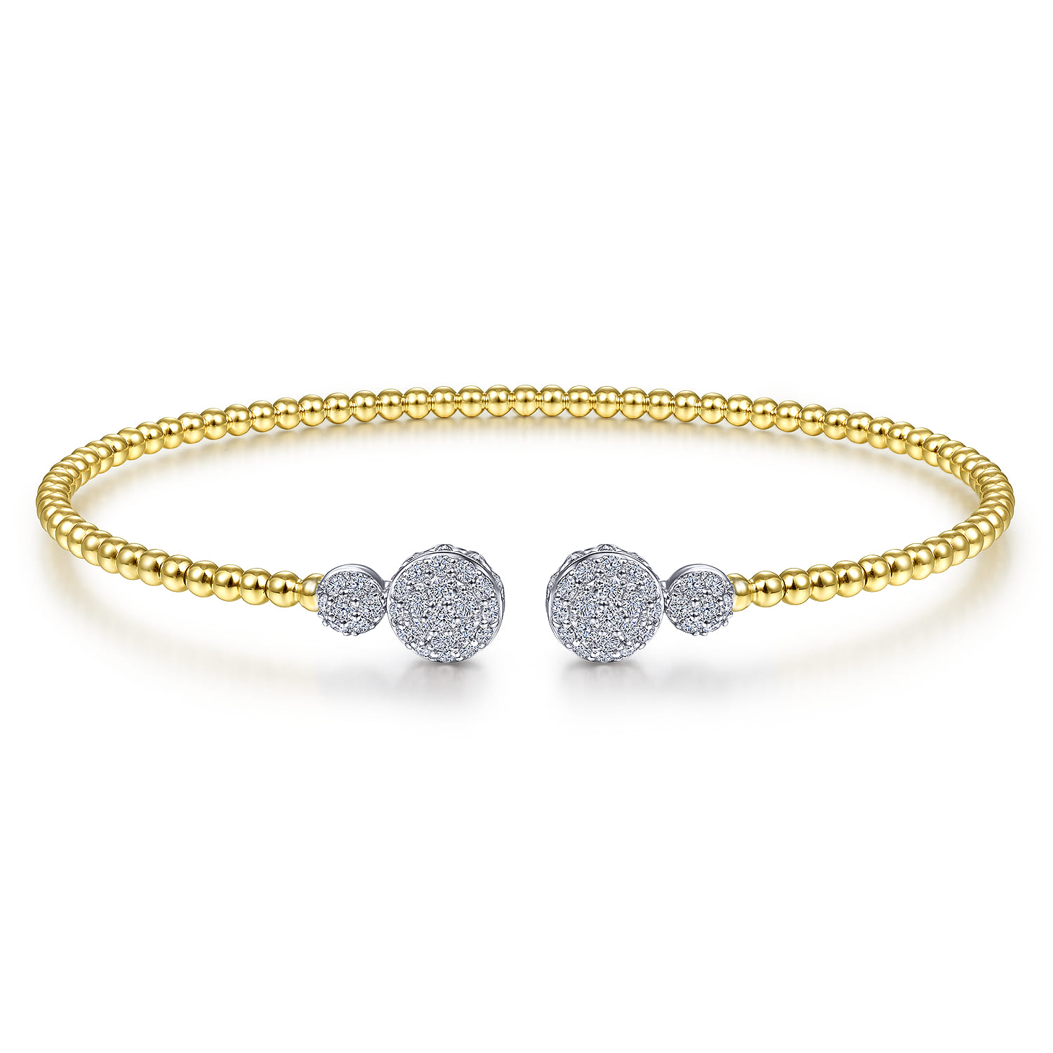14K White Yellow Gold Bujukan Bead Split Cuff with Round Diamond Pave Caps - 0.5 ct - Shot 1