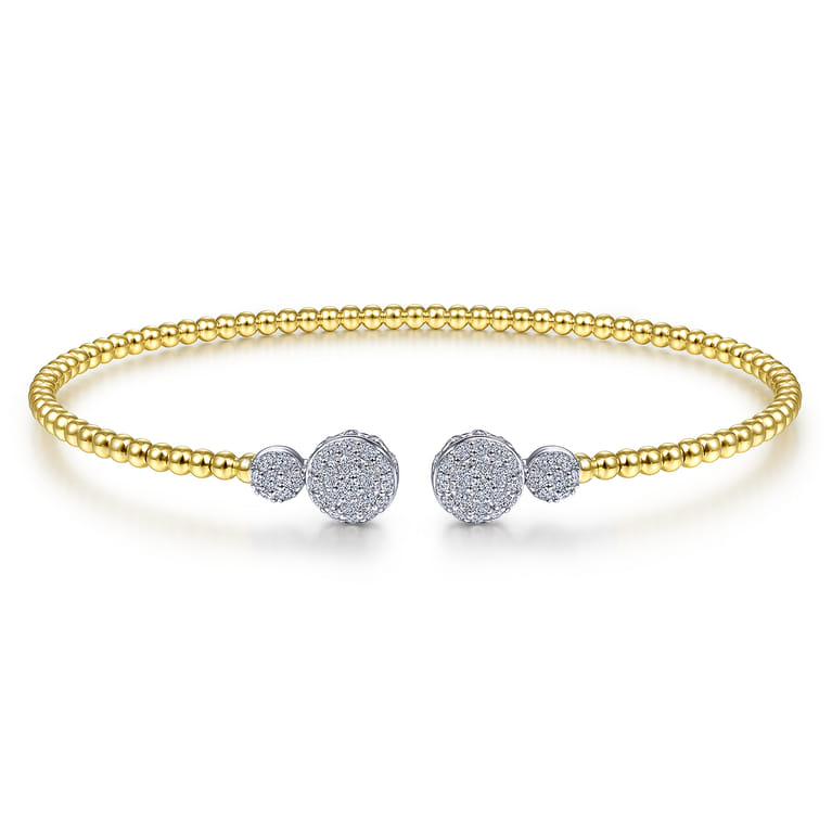 14K White Yellow Gold Bujukan Bead Split Cuff with Round Diamond Pave Caps - 0.5 ct - Shot 1