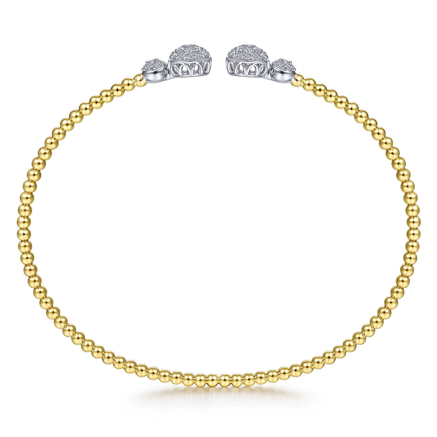 14K White Yellow Gold Bujukan Bead Split Cuff with Round Diamond Pave Caps - 0.5 ct - Shot 3