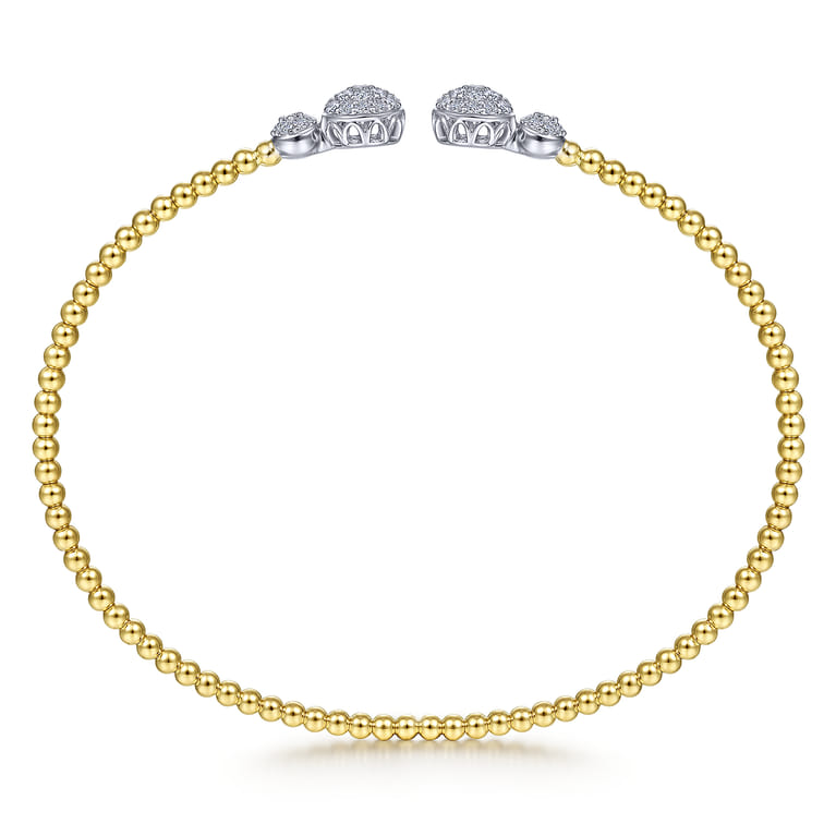 14K White Yellow Gold Bujukan Bead Split Cuff with Round Diamond Pave Caps - 0.5 ct - Shot 3