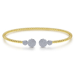14K White Yellow Gold Bujukan Bead Split Cuff with Round Diamond Pave Caps