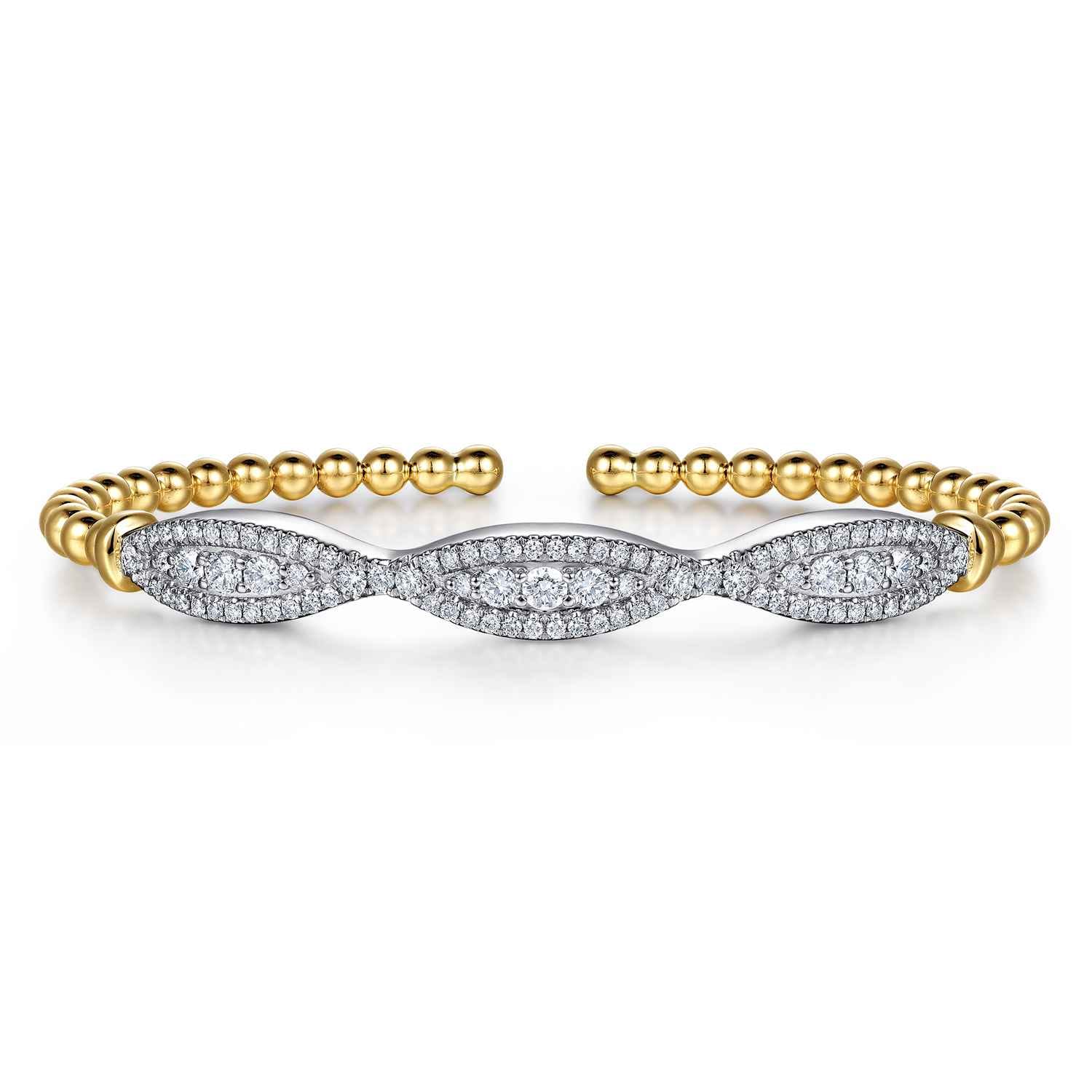 14K White  Yellow Gold Bujukan Beaded Diamond Cuff Bangle Bracelet - 1.25 ct - Shot 1