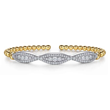 14K White  Yellow Gold Bujukan Beaded Diamond Cuff Bangle Bracelet