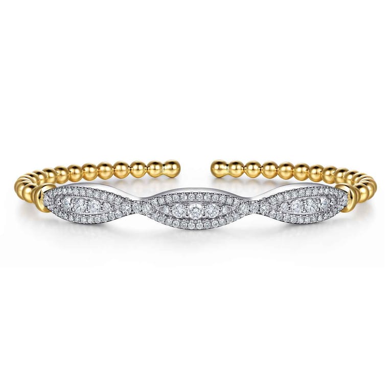 14K White  Yellow Gold Bujukan Beaded Diamond Cuff Bangle Bracelet - 1.25 ct - Shot 1