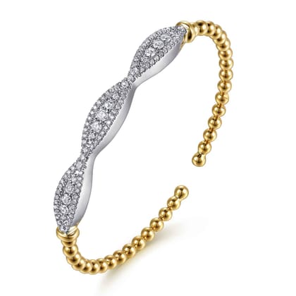 14K White  Yellow Gold Bujukan Beaded Diamond Cuff Bangle Bracelet