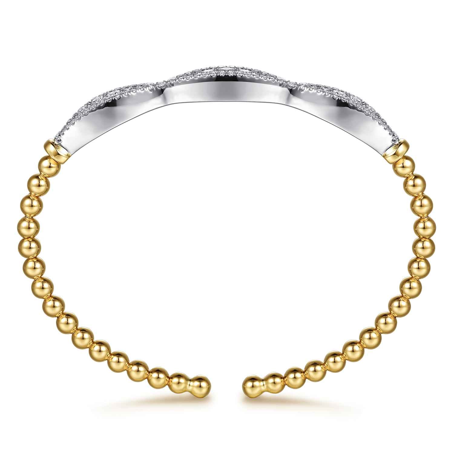14K White  Yellow Gold Bujukan Beaded Diamond Cuff Bangle Bracelet - 1.25 ct - Shot 3